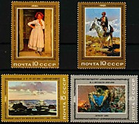 5185-5188 - Живопись (А.Иванов. Девочка-альбанка в дверях, Н.Ге. Закат на море в Ливорно, М.Врубель. Демон, Ф.Рубо. Всадник )